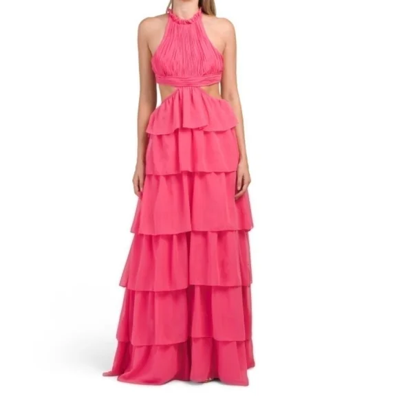 Mac Duggal tiered ruffle pleated halter gown with cutout in hot pink size 4 - Picture 5 of 8